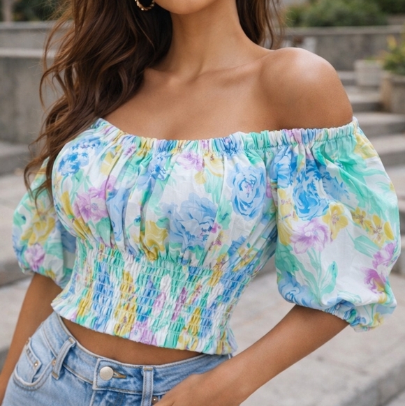 Zara Tops - NWT Zara Top Floral On/Off Shoulders Crop Smocked Watercolor XS Blouse Puff